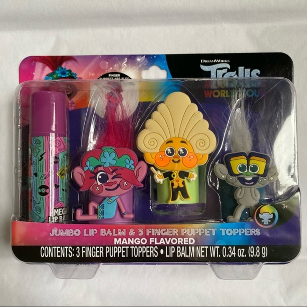 🔥5/$25🔥Trolls World Tour Jumbo Lip Balm & 3 Finger Puppet Toppers - Mango
